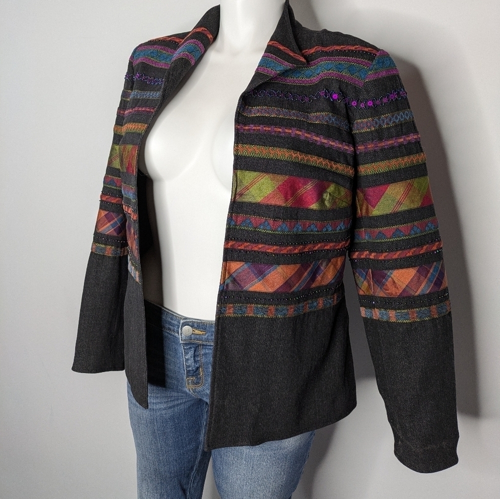 Colwater Creek Black Purple Colorful Beaded Open Jacket 14 - Picture 2 of 9